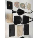 20th century clutch and other small purses. To include: Art Deco style wrist bag, in black velvet