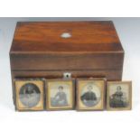 A 19th century rosewood jewellery box with secret draw together with a collection of Ambrotypes (