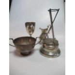 A collection of silverware including two trophies, a sugar bowl and a milk jug, 14.6ozt (4)