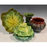 A Copeland and Garrett cabbage moulded tureen and cover, a Bretby leaf moulded comport, a Watcombe