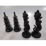 A South East Asian carved hardwood chess set, with stylised deity figures; and a moulded Chinese