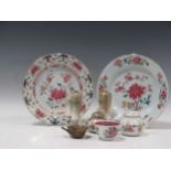 Two Chinese famille rose plates, a miniature teapot and cover and a teabowl; a lotus shaped cup