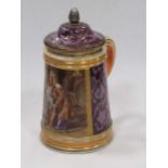 A Berlin tankard and cover, painted with a wine tasting scene, beehive mark (A/F) 22cm high