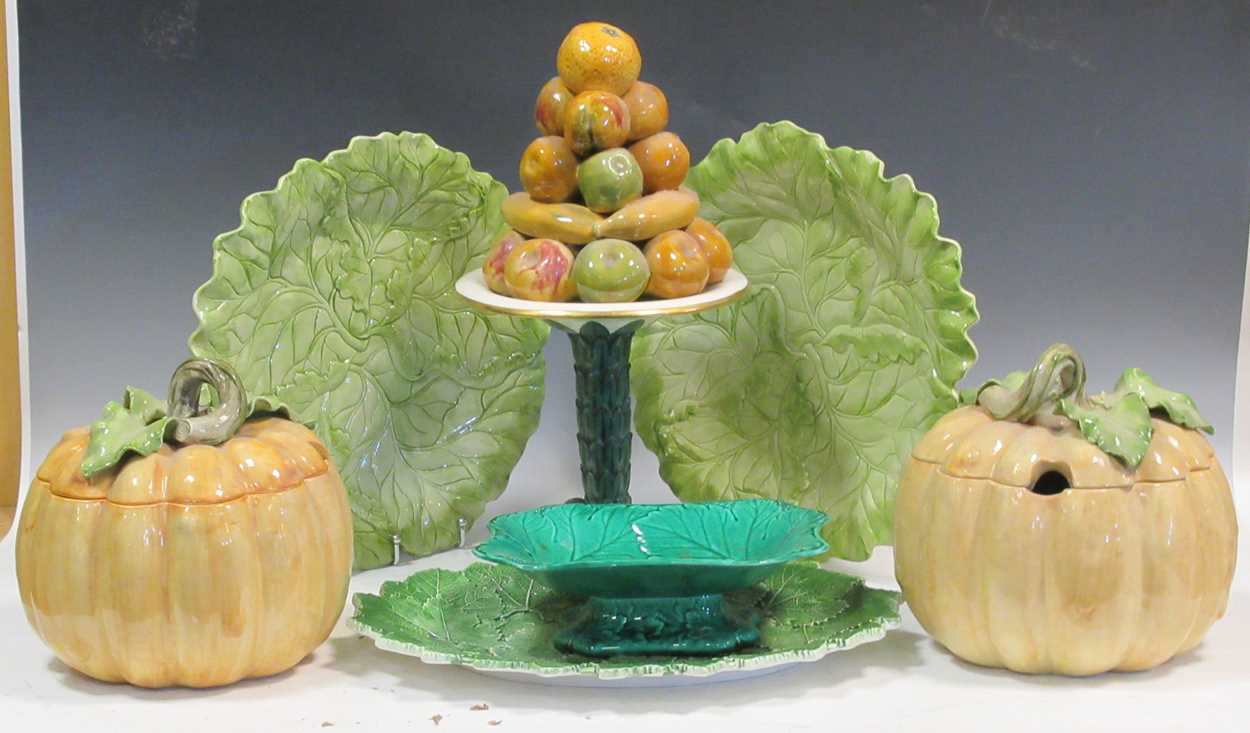 Items of leaf moulded dishes, a pair of pumkin moudled tureens and a pineapple comport