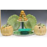 Items of leaf moulded dishes, a pair of pumkin moudled tureens and a pineapple comport