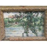 A Post-impressionist river landscape, oil on cardboard, 8 x 12cmThe giltwood and gesso frame being