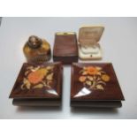 A collection of costume jewellery and jewellery boxes, together with a pair of pearl ear studs