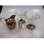 A pair of continental glass dishes with silver bases, a silver cream jug in Regency style and milk