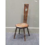 One small carved oak minature chair with heart carved splat, together with small carved stool, and