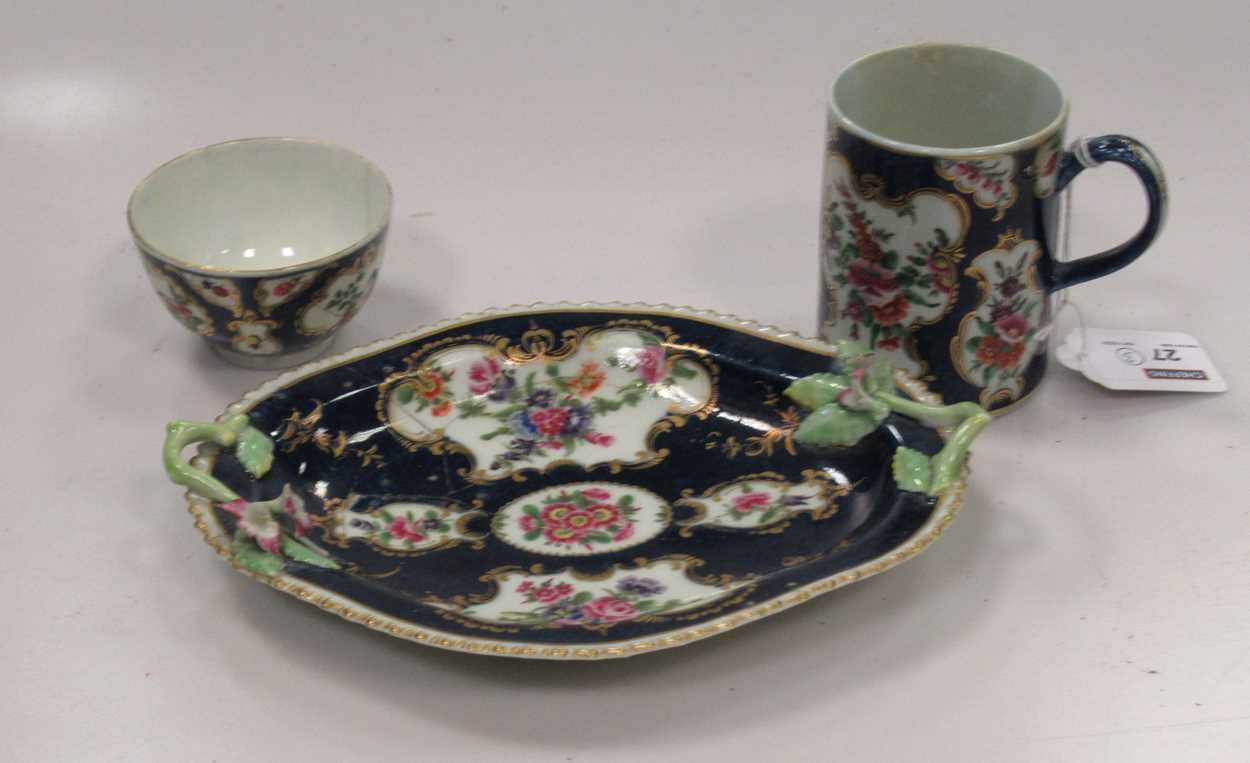 A Worcester 18th century blue scaled two-handed dish, a small tankard and a teabowl