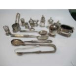 Assorted silver condiments and flatware, 13ozt weighable silver, together with some sundry silver