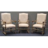 Three French Louis XIII style elm/ash armchairs