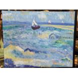 Iulian Atomei, Boats in a storm at sea, signed 'ATOMEI' (lower right); further signed, titled and