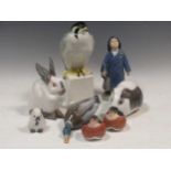 A group of Royal Copenhagen figures, to include a guinea pig, a rabbit, a large rabbit, a duck and a