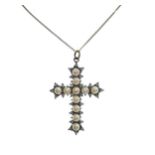 A pearl and diamond cross pendant and chain,