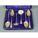 A cased harlequin set of George III and later silver tablespoons and ladles with later decoration,