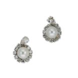 A pair of pearl and diamond ear clips,