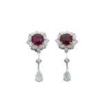 A pair of ruby and diamond cluster ear pendants,