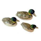 A 20th century silver and enamel family of 3 miniature mallard ducks,