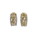 A pair of yellow and white diamond set hoop style ear studs,