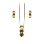 A modern 18ct gold and diamond pendant and chain, with ear clips en suite,