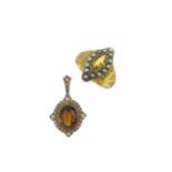 A Victorian 15ct gold citrine and seed pearl ring, together with a citrine and seed pearl pendant,
