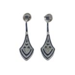 A pair of sapphire and diamond Art Deco style ear pendants,