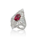 A ruby and diamond marquise shaped ring,
