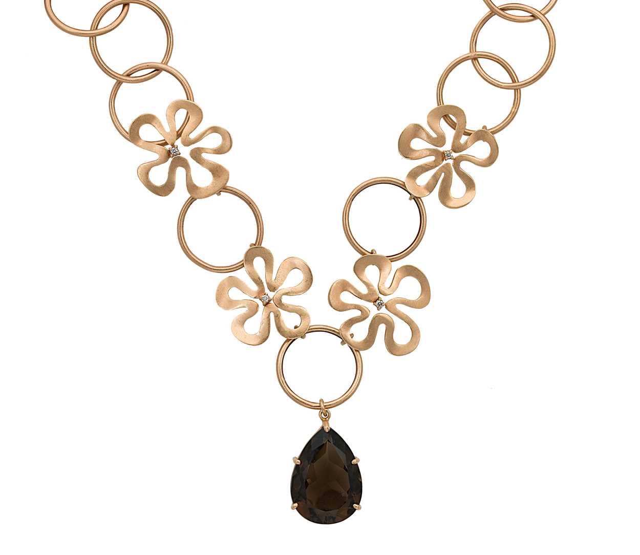 A smoky quartz and diamond floral necklet,