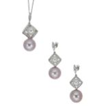 A pearl and diamond pendant and ear pendant suite,