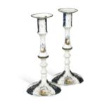 A pair of South Staffordshire metal mounted enamel candlesticks, circa 1770,