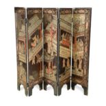 A Chinese intaglio carved wood and painted five-fold screen, Qing Dynasty, 19th century,