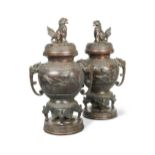 A pair of Japanese bronze vases with covers, late Meiji period,