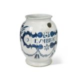 A London delft blue and white drug jar, circa 1720,