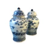 A pair of large Chinese blue and white decorated vases and covers, 20th century,