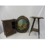 A small French cupboard, plus a carved two tier table, 14 x 14 x 24", also a Victorian papier