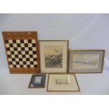 A framed and glazed watercolour of blue tits, three further watercolours and a chessboard.