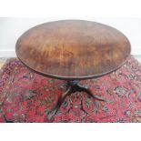A George III figured elm birdcage tripod table with carved paw feet, 26 3/4" diameter.