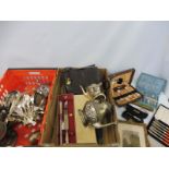 Two boxes of mostly silver plated items, a Mexican coffee pot, cased cutlery, a gilt framed print