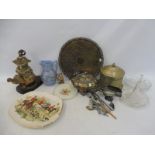 A small group of silver plate including a biscuit barrel plus a selection of ceramics and