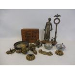 A small box of mixed collectables including a spelter desk lamp in the form of a standing lady etc.