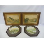 A pair of oak framed octagonal landscape prints, 17 x 17", plus a pair of gilt framed prints of