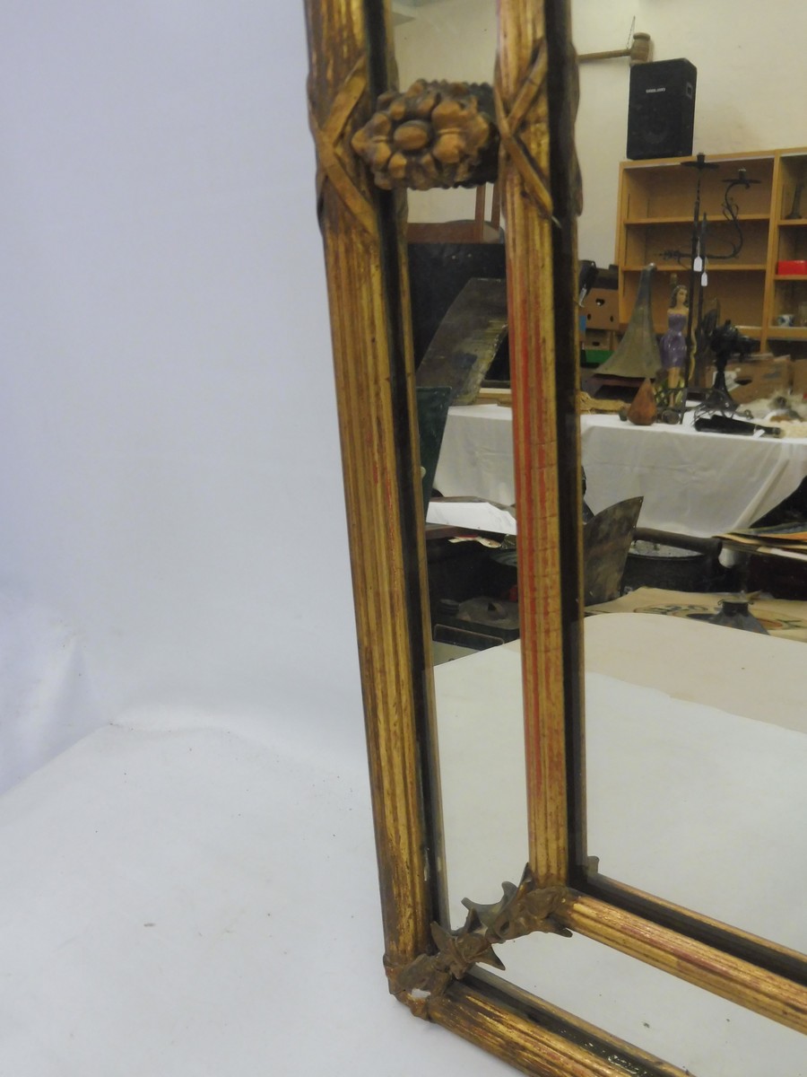 A 19th Century gilt framed border glass wall mirror with leaf and bow design pediment, depository - Image 3 of 6