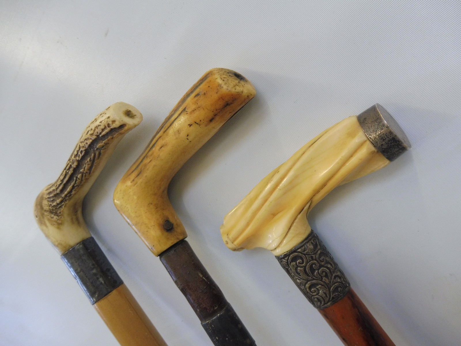 A malacca walking cane with silver mounts and ivory handle plus two silver mounted antler handled - Image 2 of 4