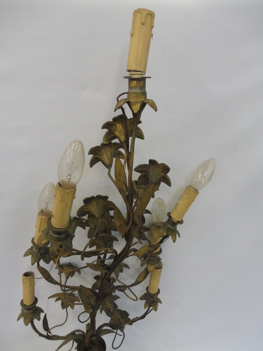 A tall brass table lamp centrepiece in the form of an entwined plant with flowers, raised upon a - Image 5 of 7