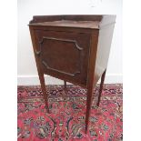 An Edwardian mahogany single door bedside cabinet on square tapering supports, 16 1/2" w x 31" h x