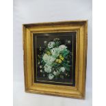 A large 19th Century gilt framed painting on glass of a floral display with butterflies, titled 'Les
