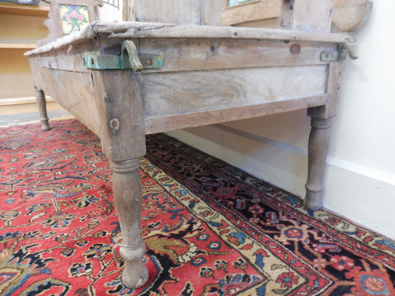 An unusual Anglo-Indian hardwood bench with detached hinged back inset with early 20th Century - Image 5 of 5