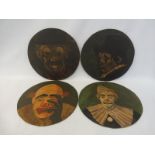 Four unusual Folk Art circular paintings on board depicting the heads of different clowns, each