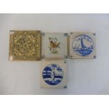 Three early Delft tiles plus one other, possibly Minton.